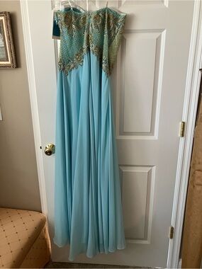 Tony Bowls Aqua Beaded Strapless Gown with Gold Accents